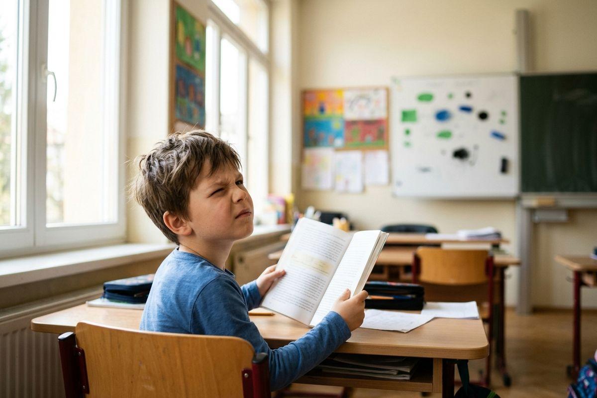 Child holding an open book at a classroom desk, squinting with a strained expression near a window.