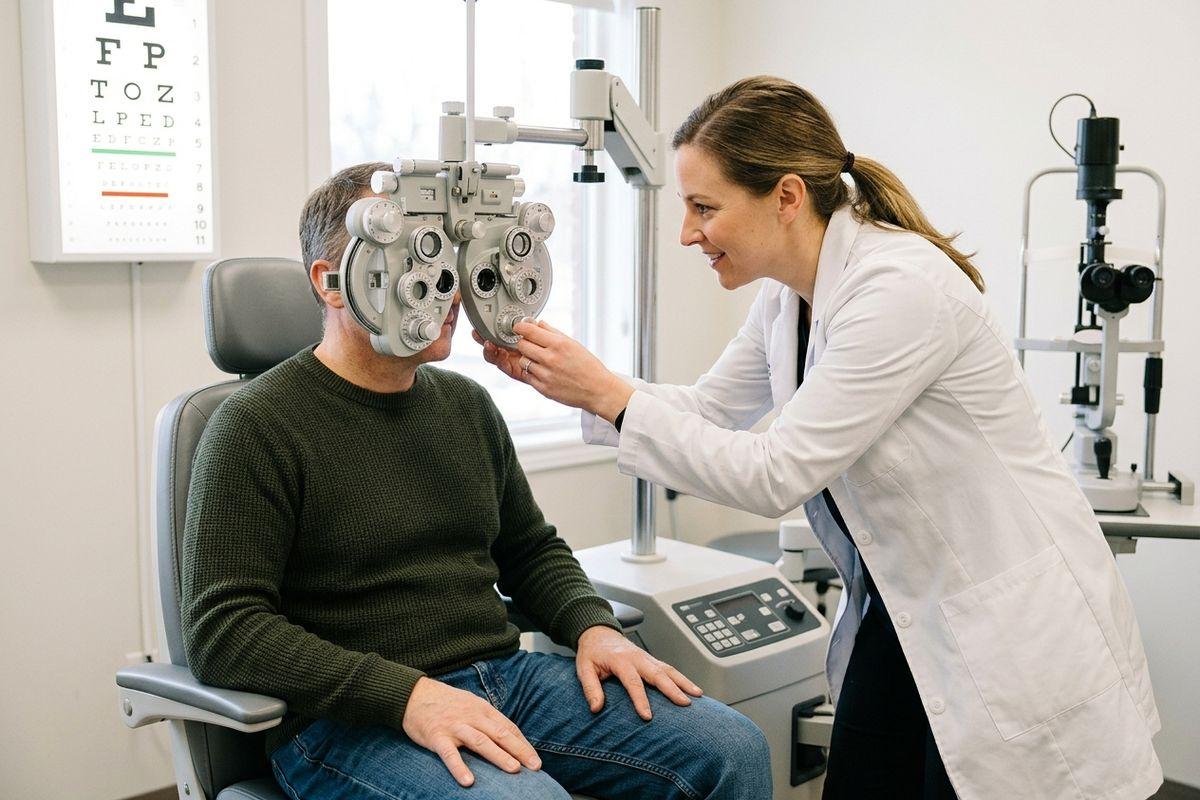 Optometrist adjusts a phoropter for a seated patient during an eye exam, with an eye chart on the wall.