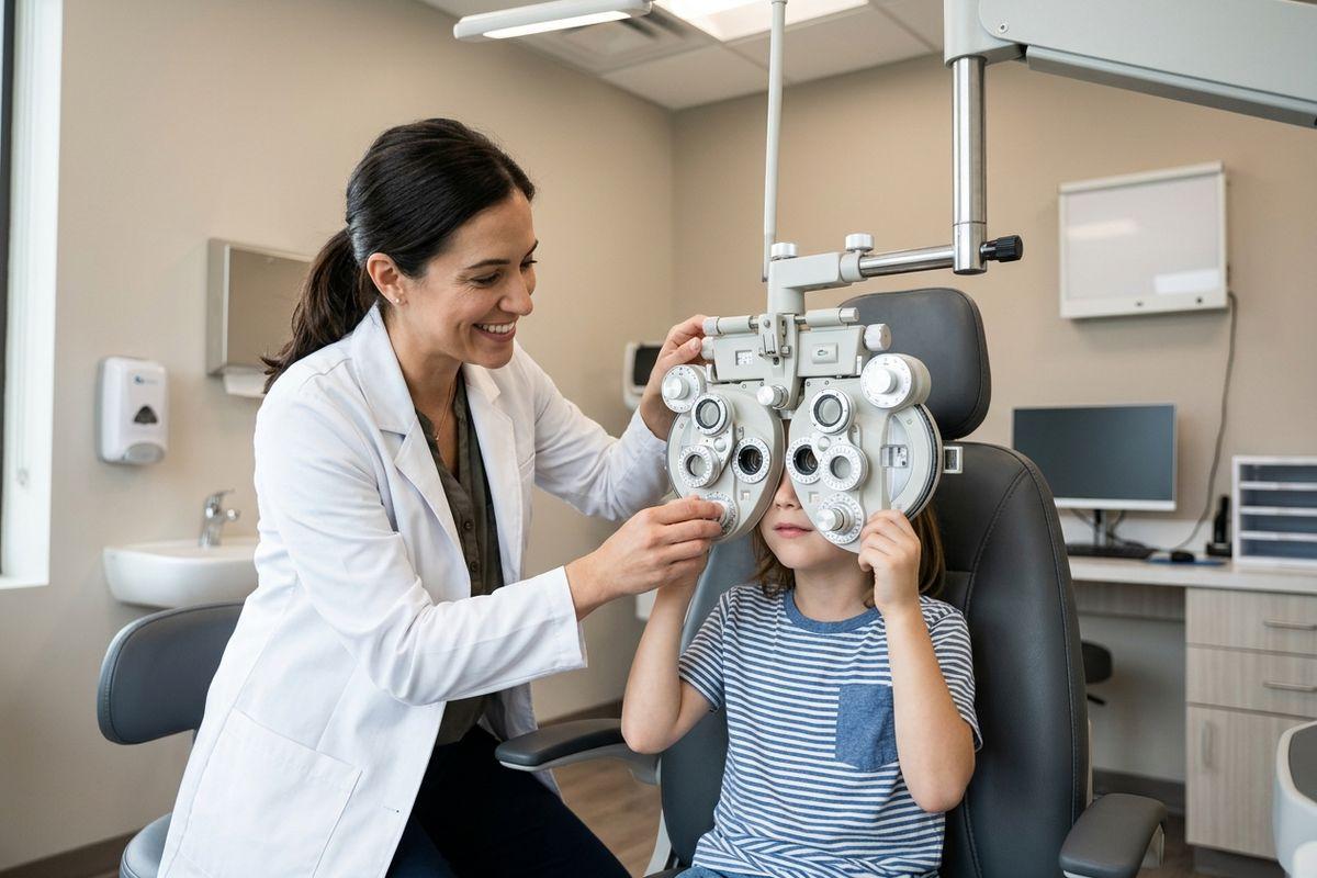 Optometrist smiling while adjusting a phoropter for a child seated in an exam chair.