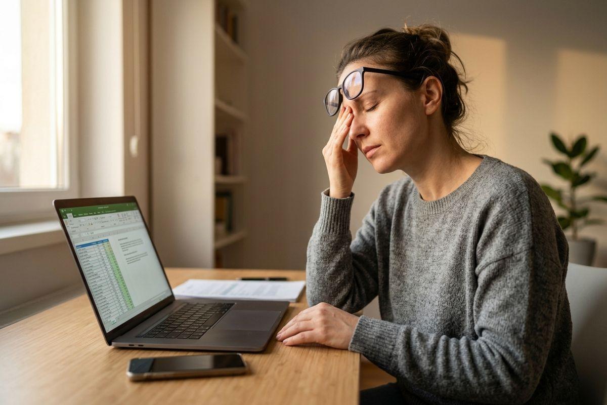 Person with glasses pushed up rubbing closed eyes at a desk with a laptop showing a spreadsheet, papers, and phone.