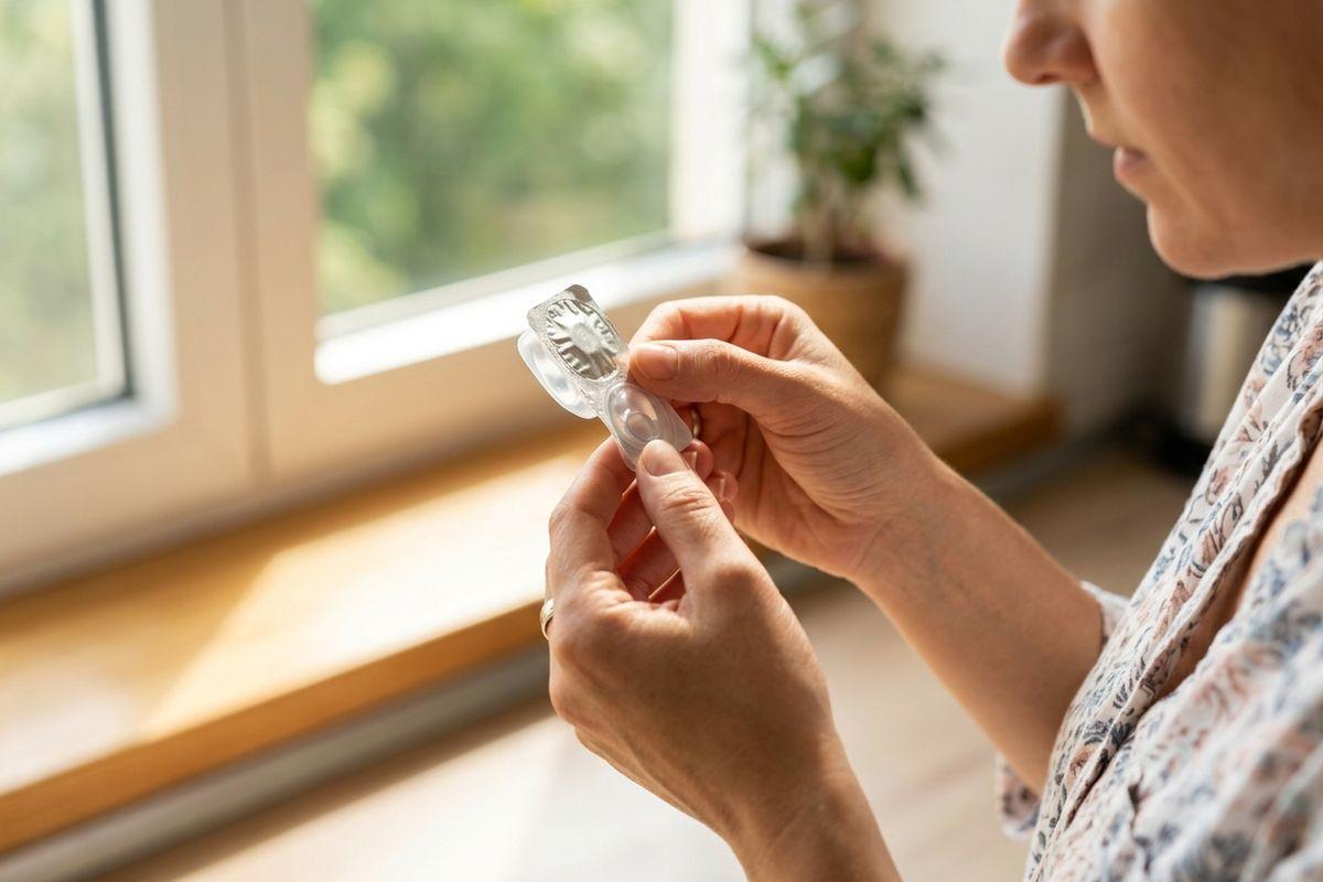 Adult opening a small blister pack of tablets near a sunlit window, with a potted plant in the background.