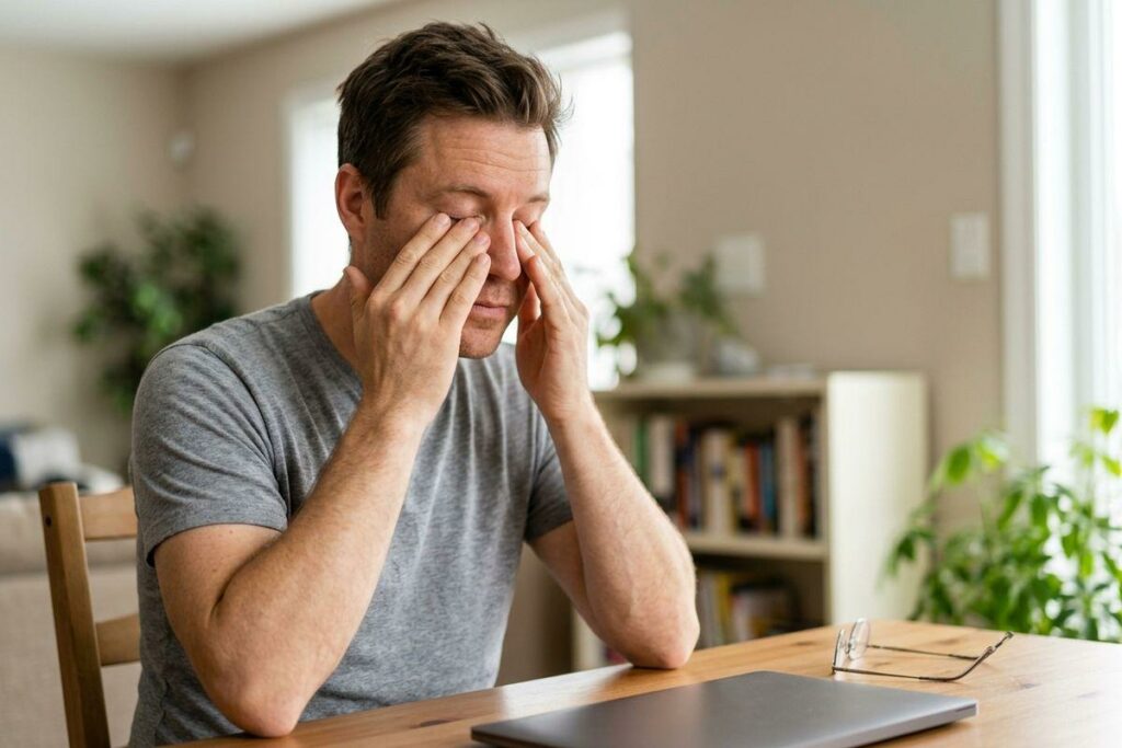 An adult sitting at a table rubs their closed eyes with both hands. A closed laptop and eyeglasses rest on the table in front of them.