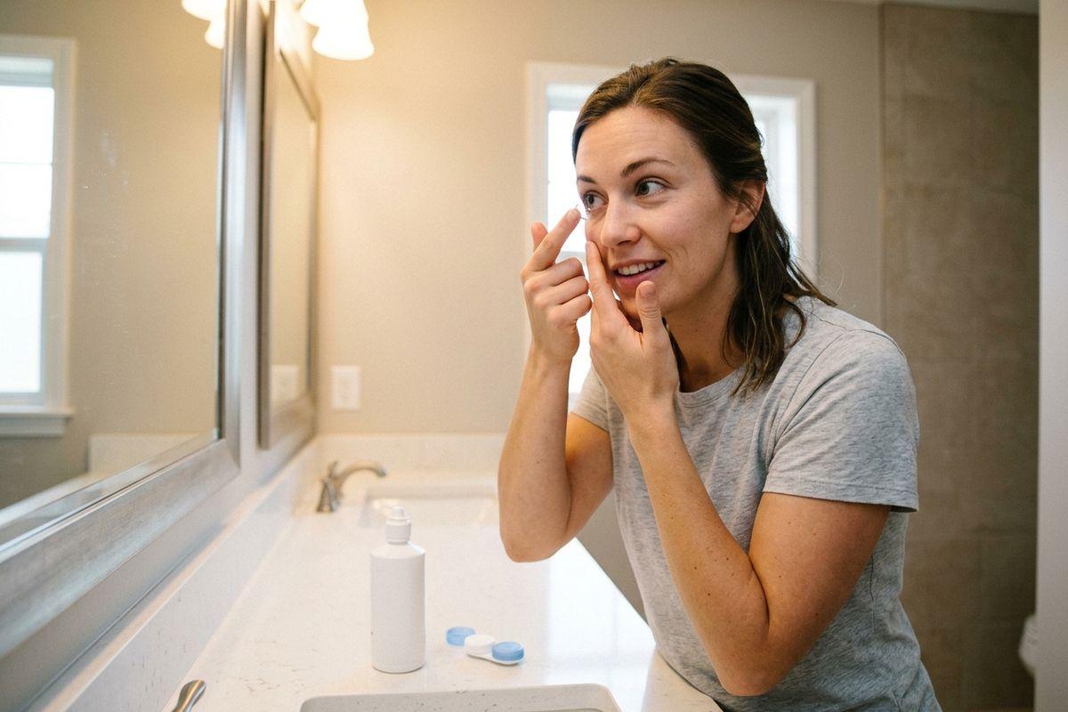 Adult inserting a contact lens in a bathroom mirror, smiling, with a contact lens case and solution bottle on the counter.