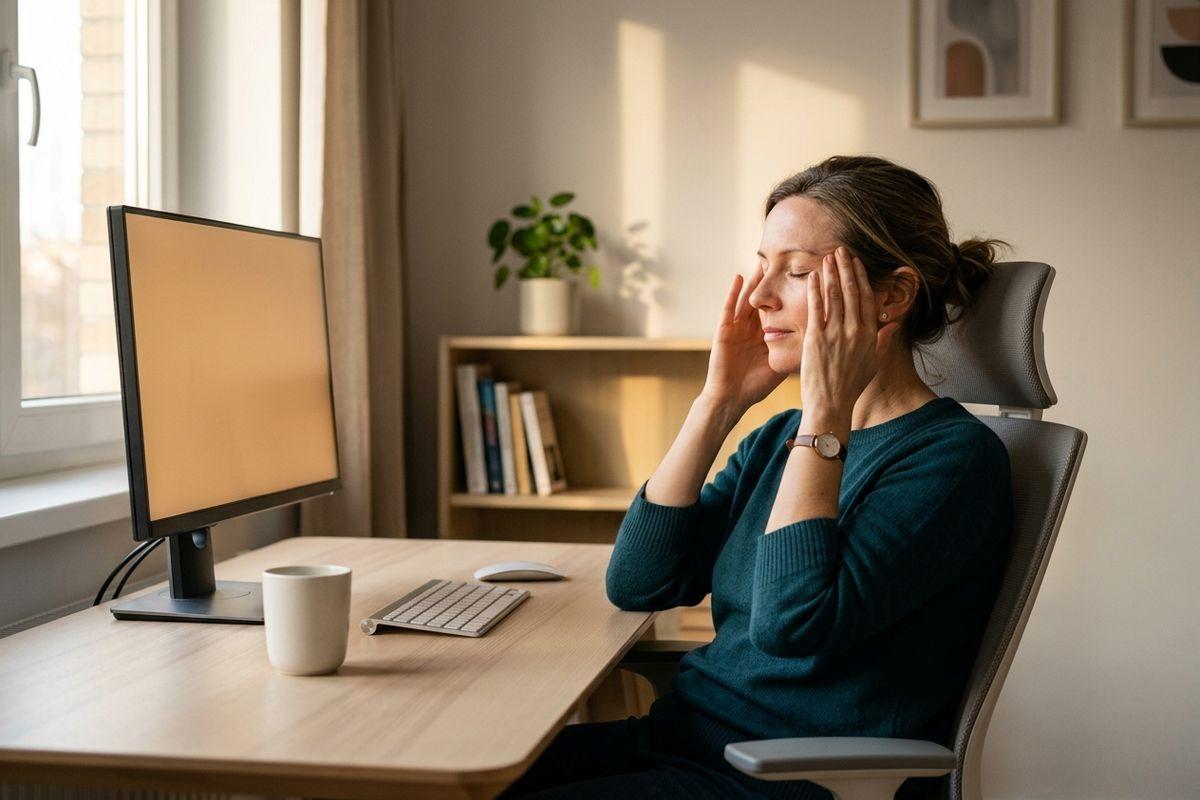 Adult sitting at a desk with a computer, eyes closed, pressing fingertips to temples, beside a keyboard and mug in a home office.